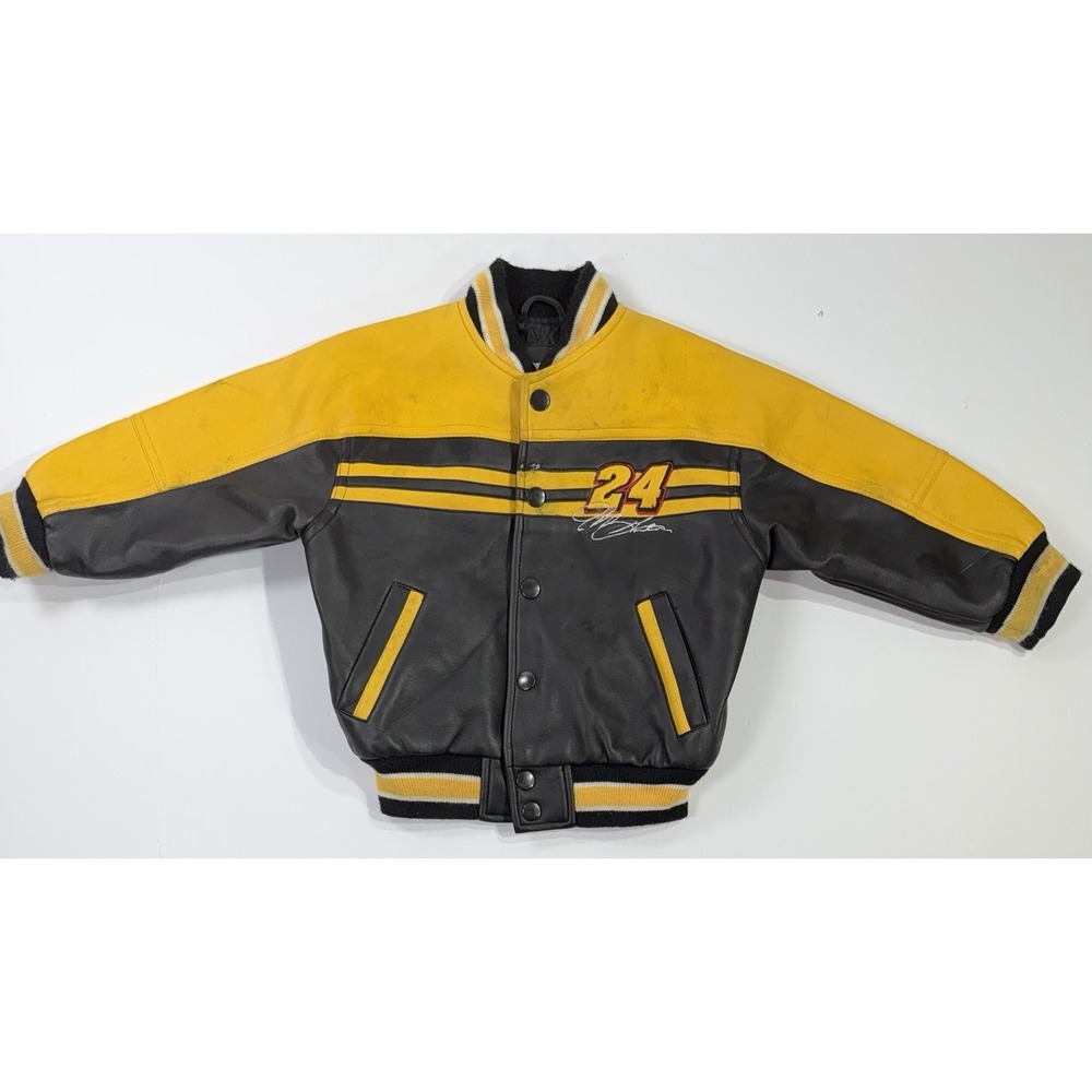 Jeff Gordon 24 Boys Chase Authentics Jacket Yellow Black Faux Leather Snap Sz 2